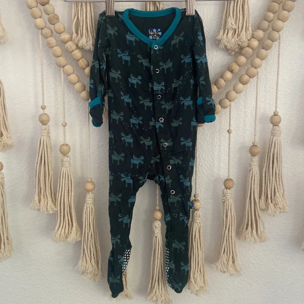 Kickee Pants Footie Pajamas Pine Moose green blue onesie jumper 3-6 months
